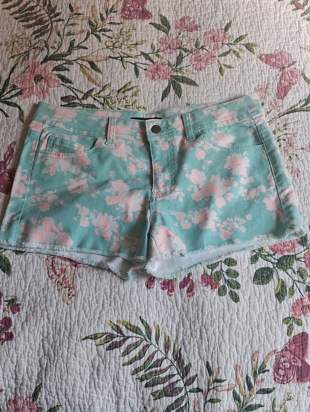 Forever 21 Mint Floral Denim Cutoff Shorts